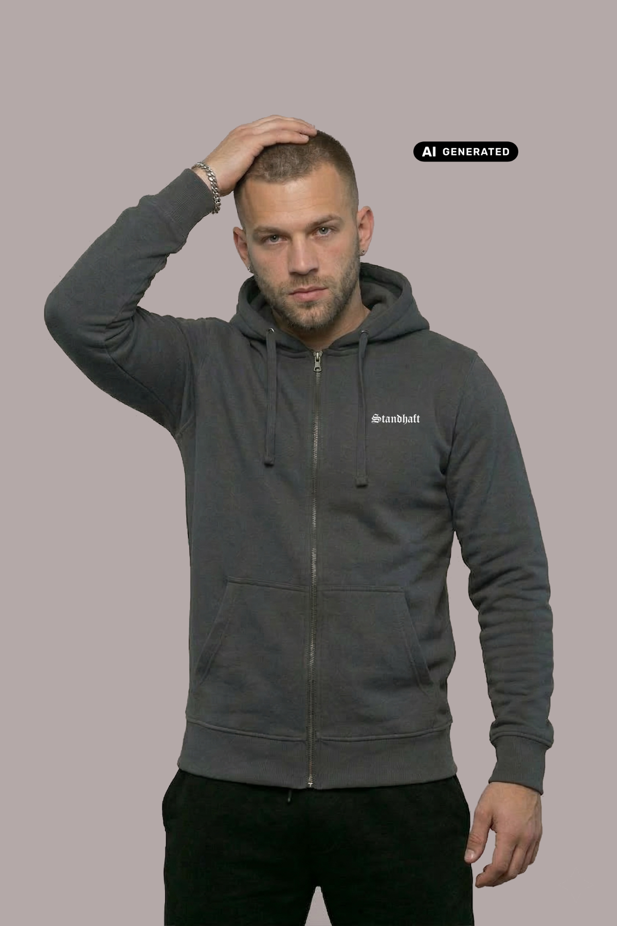 Ein Mann trägt eine dunkelgraue Zip-Jacke mit Kapuze und einem kleinen, weißen „Standhaft“-Schriftzug auf der linken Brust.