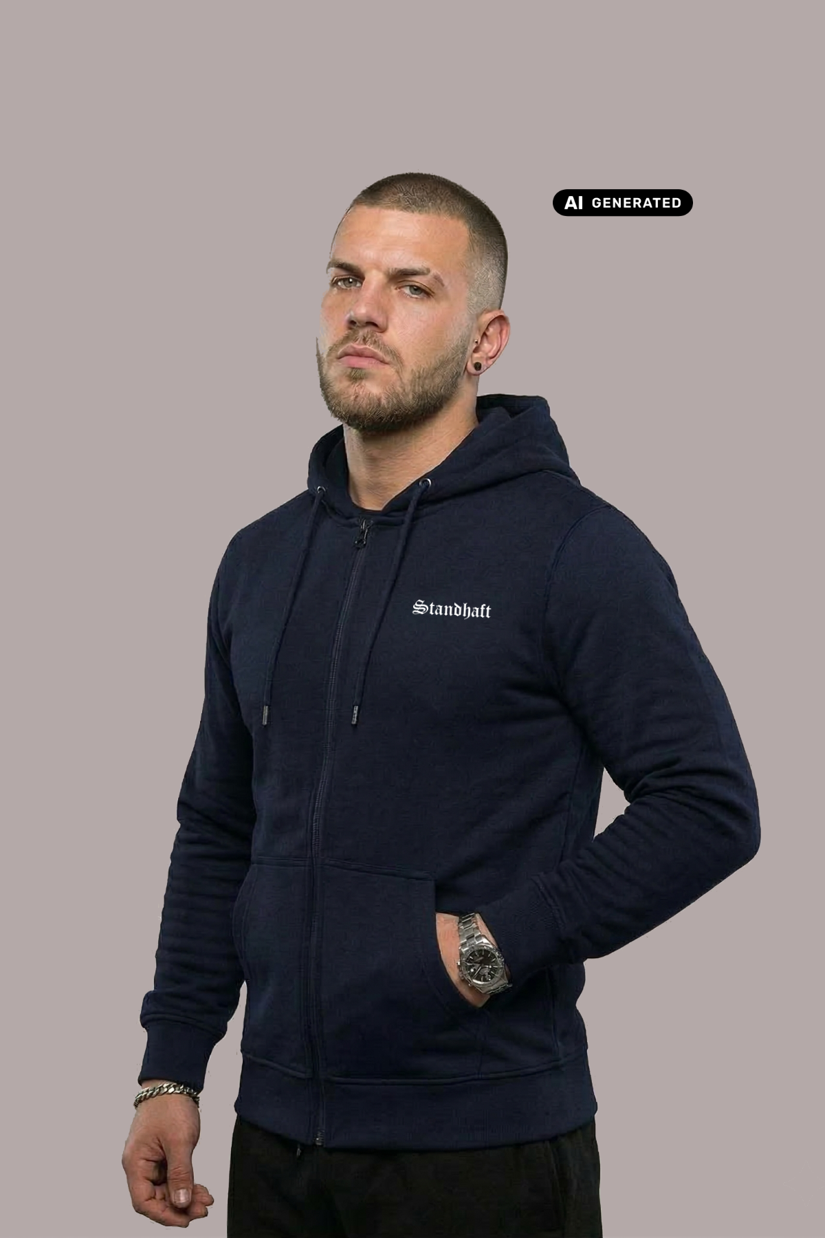 Ein Mann trägt eine dunkelblaue Zip-Jacke mit Kapuze und einem kleinen, weißen „Standhaft“-Schriftzug auf der linken Brust.