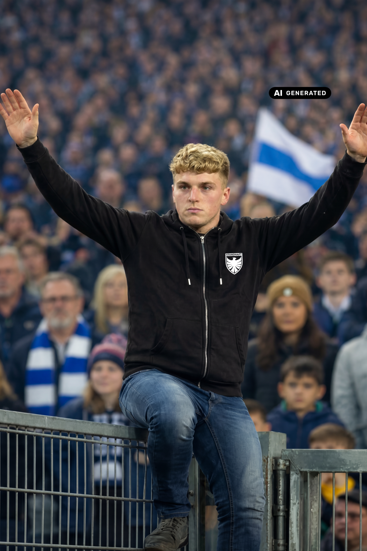 Ein Mann auf einem Stadionzaun mit erhobenen Händen trägt eine schwarze Zip-Jacke mit Kapuze und einem weißen Wappen-Logo samt Adlergrafik und „STANDHAFT“-Schriftzug auf der linken Brust.