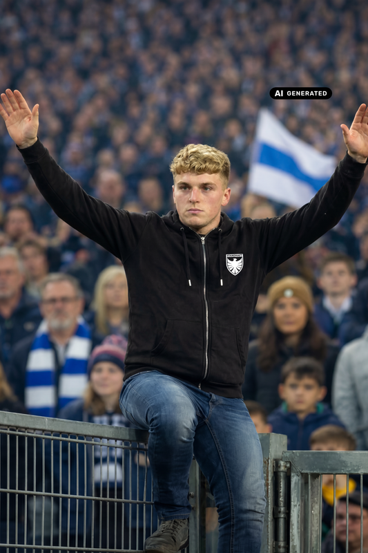 Ein Mann auf einem Stadionzaun mit erhobenen Händen trägt eine schwarze Zip-Jacke mit Kapuze und einem weißen Wappen-Logo samt Adlergrafik und „STANDHAFT“-Schriftzug auf der linken Brust.