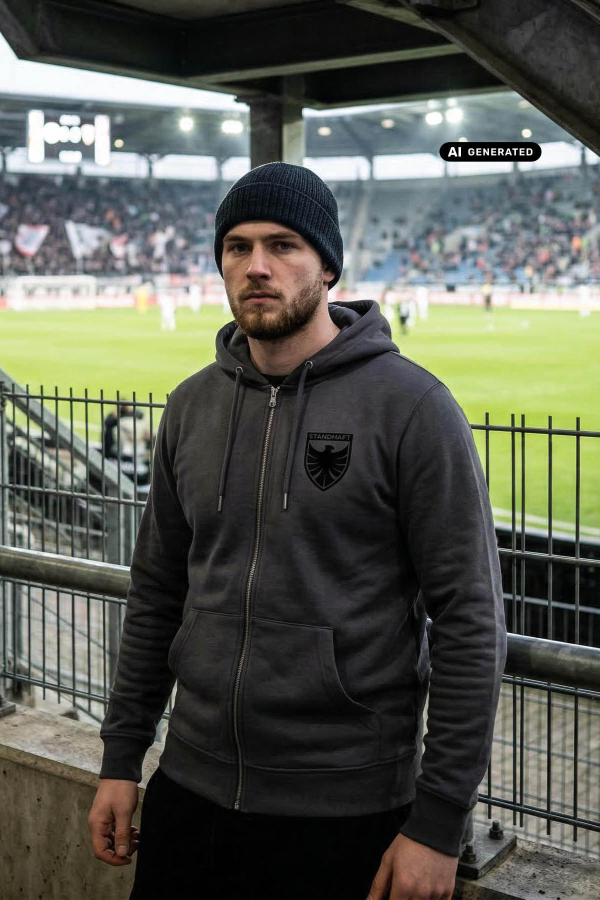 Ein Mann mit dunkler Strickmütze im Stadion trägt eine dunkelgraue Zip-Jacke mit Kapuze und einem schwarzen Wappen-Logo samt Adlergrafik und „STANDHAFT“-Schriftzug auf der linken Brust.