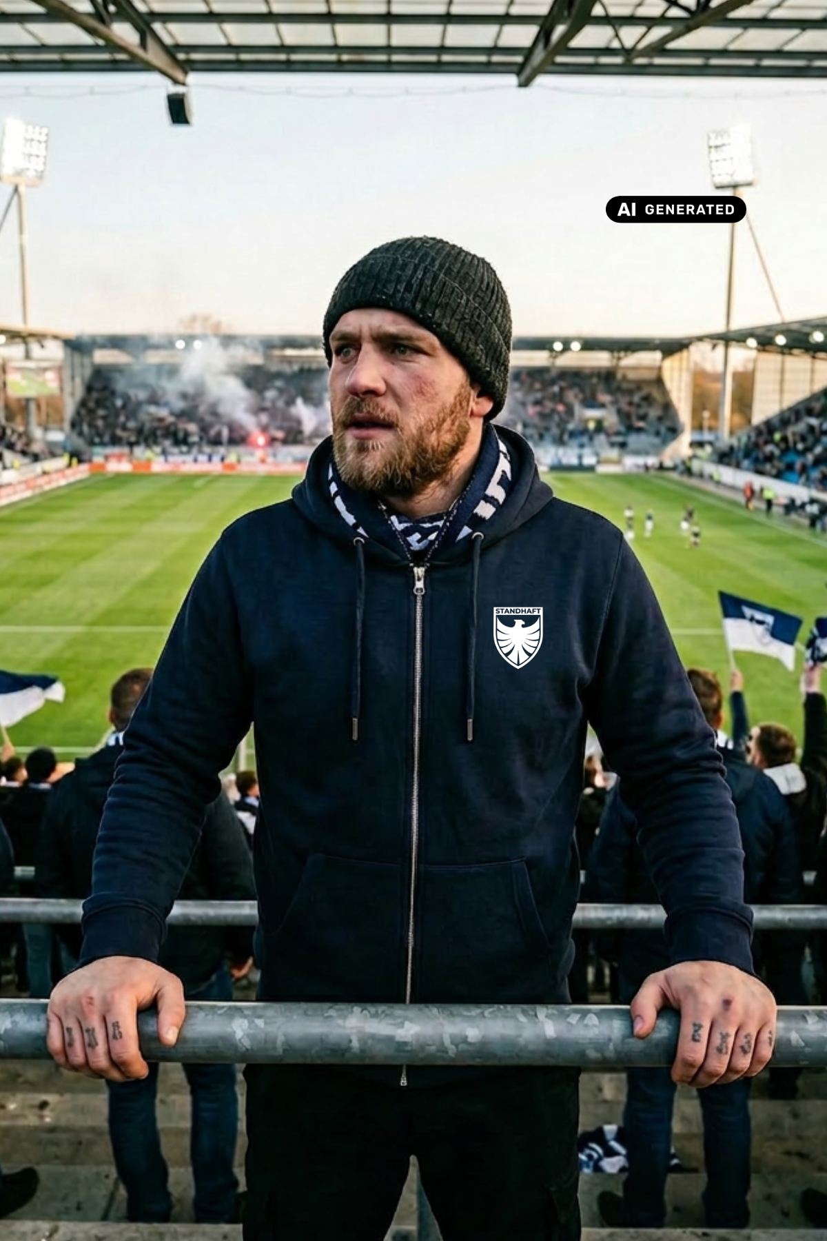 Ein bärtiger Mann mit dunkler Strickmütze im Fußballstadion trägt eine dunkelblaue Zip-Jacke mit Kapuze und einem weißen Wappen-Logo samt Adlergrafik und „STANDHAFT“-Schriftzug auf der linken Brust.