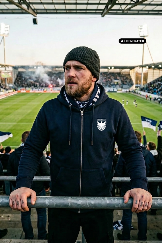 Ein bärtiger Mann mit dunkler Strickmütze im Fußballstadion trägt eine dunkelblaue Zip-Jacke mit Kapuze und einem weißen Wappen-Logo samt Adlergrafik und „STANDHAFT“-Schriftzug auf der linken Brust.